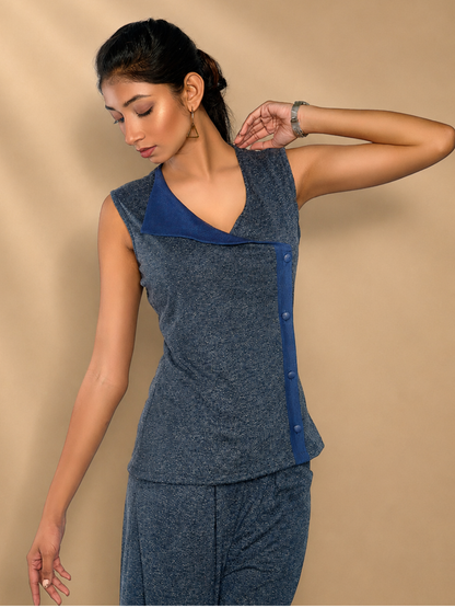 Inara Gray and Blue Recycled Polyester & Hemp Asymmetric Button Top | Jhultaru