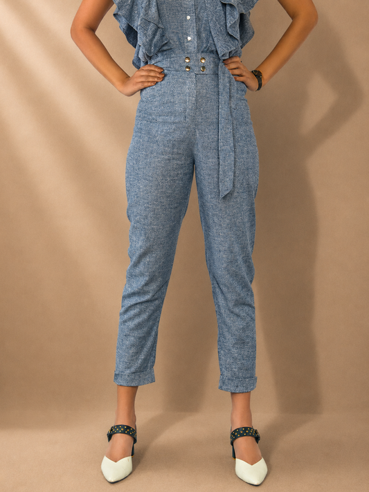 Kaia High Waist Belted Tapered Grey Hemp Pants | Jhultaru