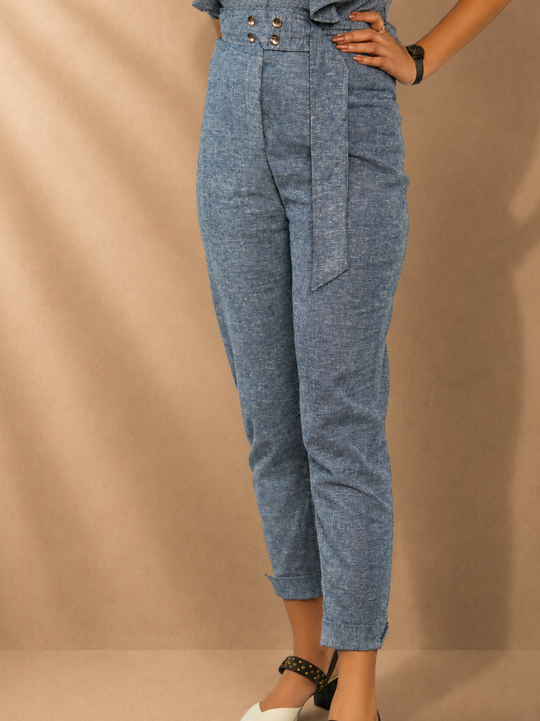 Kaia High Waist Belted Tapered Grey Hemp Pants | Jhultaru