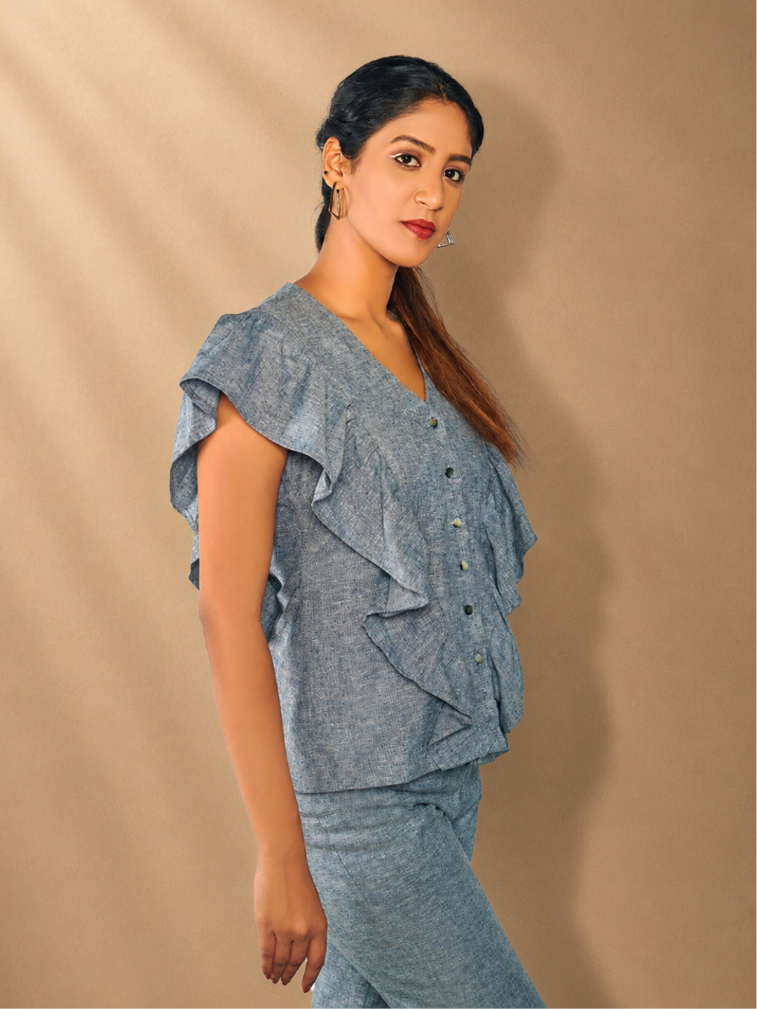 Kaia Grey Hemp Ruffle Front Top | Jhultaru