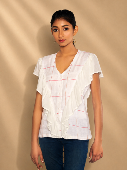 Iyla Hemp White Ruffle Shirt | Jhultaru