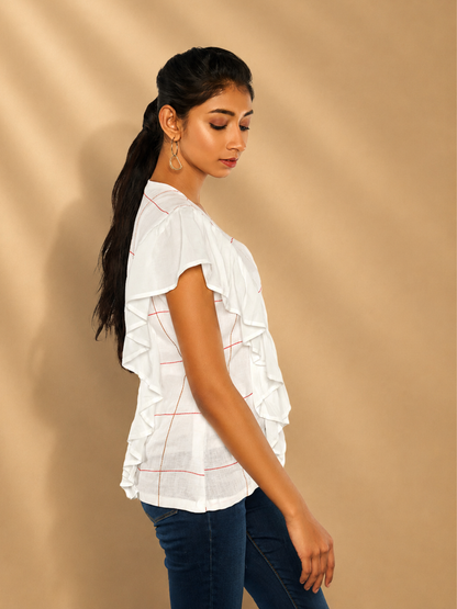 Iyla Hemp White Ruffle Shirt | Jhultaru