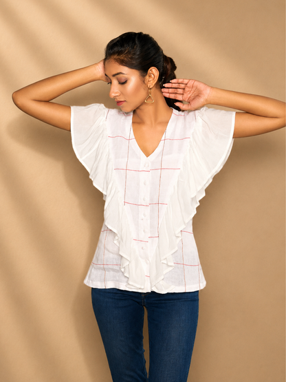 Iyla Hemp White Ruffle Shirt | Jhultaru