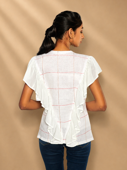 Iyla Hemp White Ruffle Shirt | Jhultaru