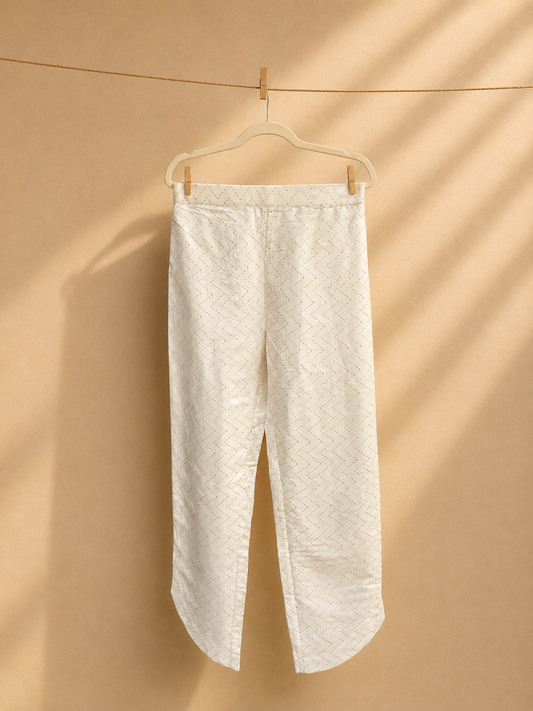 Selene White Pants- Kosa Silk with Gold Weave | Jhultaru