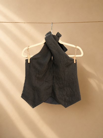 Noir Linen Halter Vest in Charcoal Black | Jhultaru