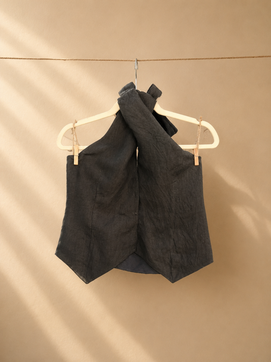 Noir Linen Halter Vest in Charcoal Black | Jhultaru