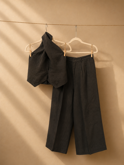 Noir Linen High Waist Trousers in Charcoal Black | Jhultaru