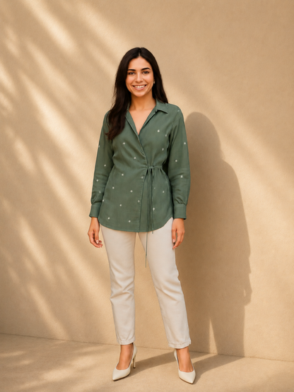Eden Handwoven Jamdani Cotton Wrap Shirt in Olive Green | Jhultaru