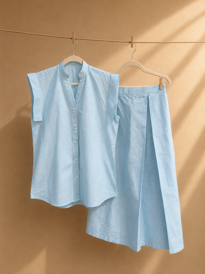 Noa Linen Co-ord Set - Sky Blue Shirt & Skirt | Jhultaru