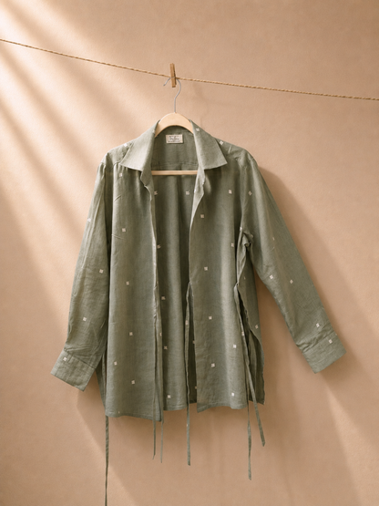 Eden Handwoven Jamdani Cotton Wrap Shirt in Olive Green | Jhultaru