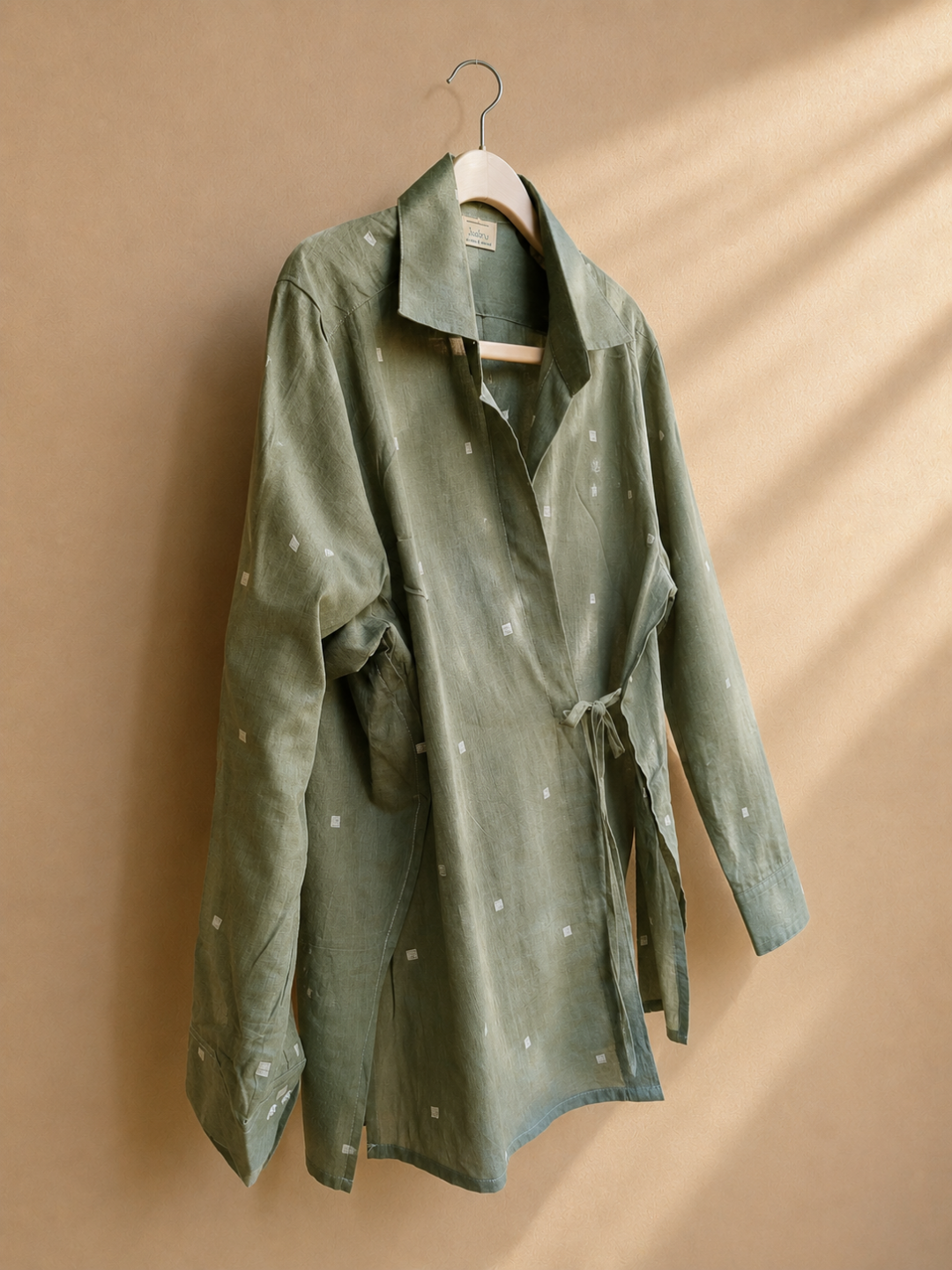 Eden Handwoven Jamdani Cotton Wrap Shirt in Olive Green | Jhultaru