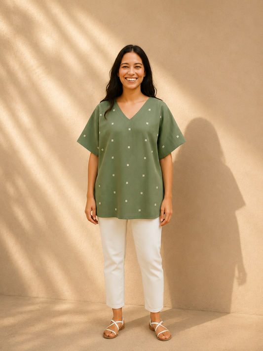 Oliva Handwoven Jamdani Cotton Kaftan Top | Jhultaru