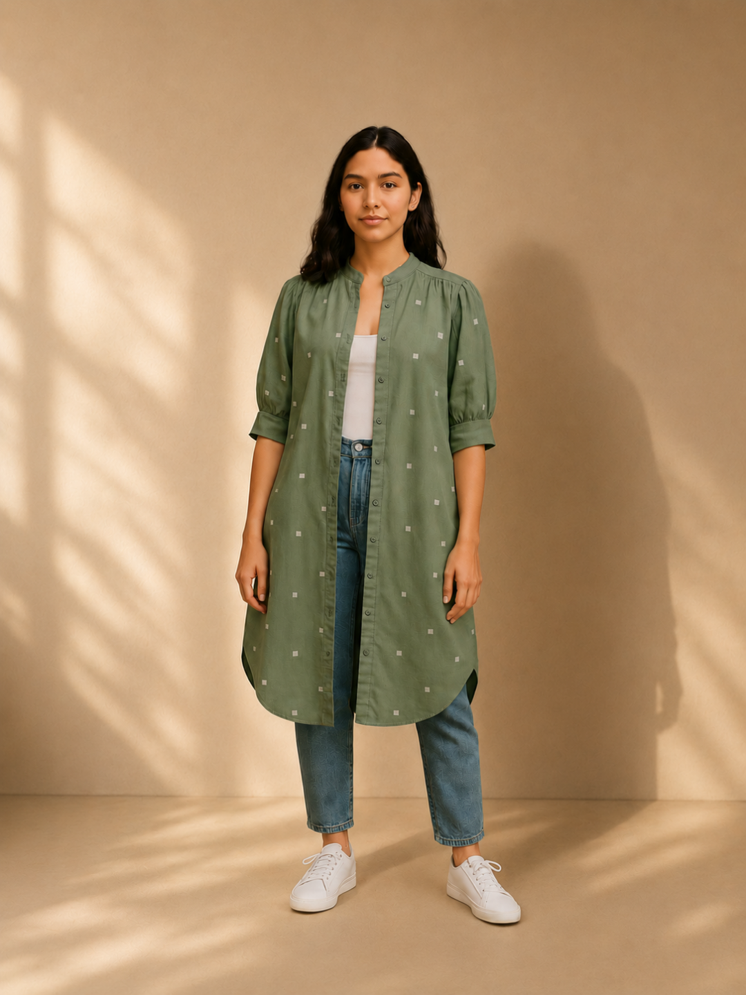 Willow Long Shirt in Handloom Jamdani in Olive Green | Jhultaru