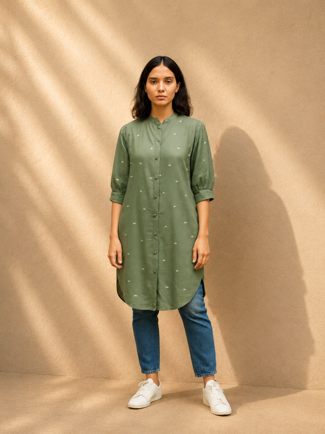 Willow Long Shirt in Handloom Jamdani in Olive Green | Jhultaru