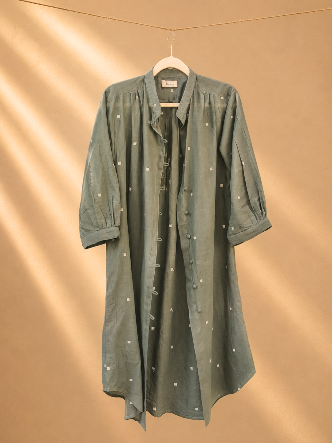 Willow Long Shirt in Handloom Jamdani in Olive Green | Jhultaru