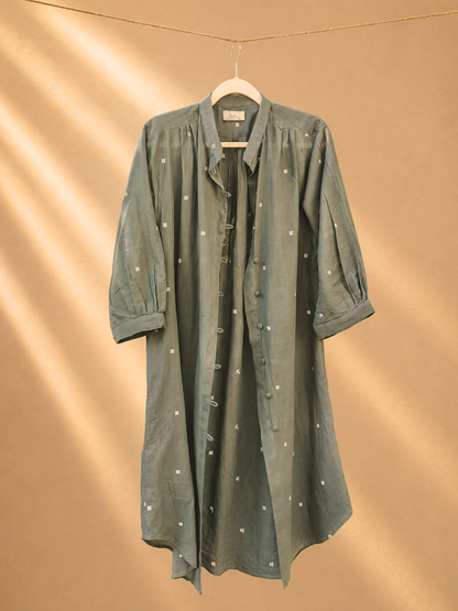 Willow Long Shirt in Handloom Jamdani in Olive Green | Jhultaru