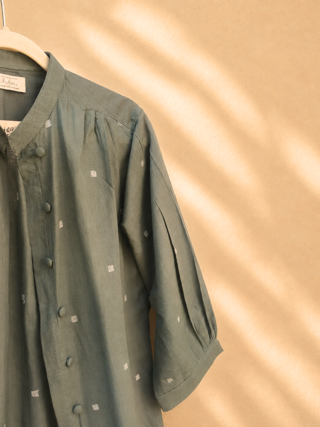 Willow Long Shirt in Handloom Jamdani in Olive Green | Jhultaru