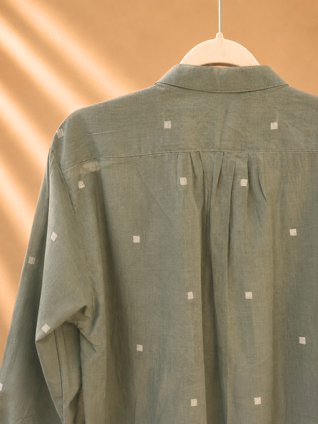 Willow Long Shirt in Handloom Jamdani in Olive Green | Jhultaru