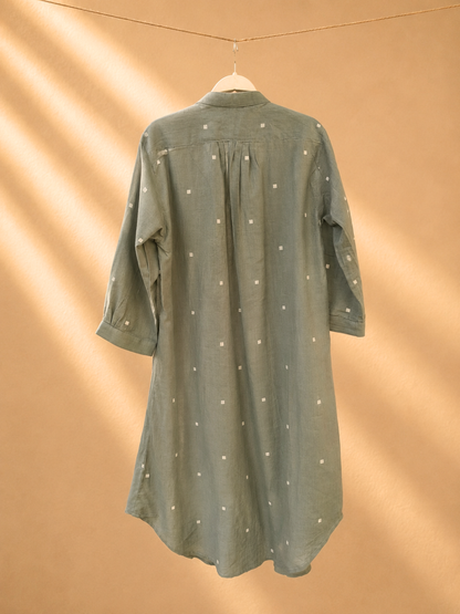 Willow Long Shirt in Handloom Jamdani in Olive Green | Jhultaru