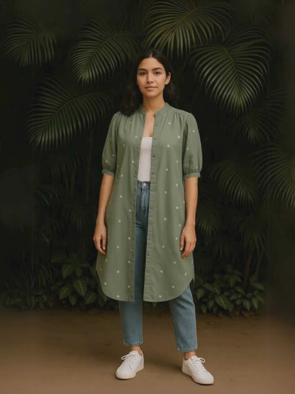 Willow Long Shirt in Handloom Jamdani in Olive Green | Jhultaru